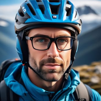 Man wearing helmet and glasses stands confidently before towering mountain backdrop ready for adventure and exploration. He may be gearing up for bicycle ride or some other outdoor activity