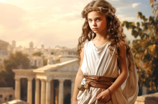 Timeless Child girl ancient greek city. Tourism history. Generate Ai