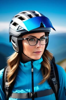 Woman wearing helmet and glasses stands confidently before towering mountain backdrop ready for adventure and exploration. She may be gearing up for bicycle ride or some other outdoor activity