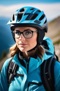 Woman wearing helmet and glasses stands confidently before towering mountain backdrop ready for adventure and exploration. She may be gearing up for bicycle ride or some other outdoor activity