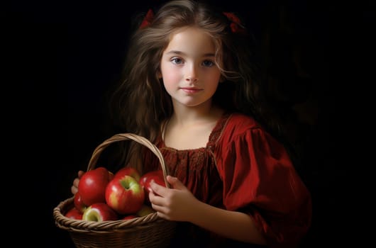 Buoyant Little girl apples basket. Summer child family. Generate Ai