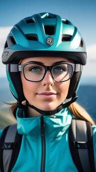 Woman wearing helmet and glasses stands confidently before towering mountain backdrop ready for adventure and exploration. She may be gearing up for bicycle ride or some other outdoor activity