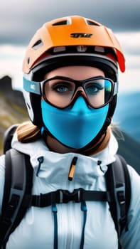 Woman wearing helmet and sunglasses glasses stands confidently before towering mountain backdrop ready for adventure, exploration. She may be gearing up for bicycle ride or some other outdoor activity