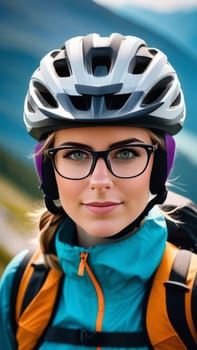 Woman wearing helmet and glasses stands confidently before towering mountain backdrop ready for adventure and exploration. She may be gearing up for bicycle ride or some other outdoor activity