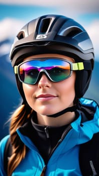 Woman wearing helmet and sunglasses glasses stands confidently before towering mountain backdrop ready for adventure, exploration. She may be gearing up for bicycle ride or some other outdoor activity