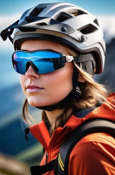 Woman wearing helmet and sunglasses glasses stands confidently before towering mountain backdrop ready for adventure, exploration. She may be gearing up for bicycle ride or some other outdoor activity