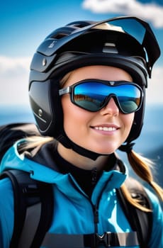 Woman wearing helmet and sunglasses glasses stands confidently before towering mountain backdrop ready for adventure, exploration. She may be gearing up for bicycle ride or some other outdoor activity