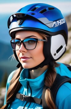 Woman wearing helmet and sunglasses glasses stands confidently before towering mountain backdrop ready for adventure, exploration. She may be gearing up for bicycle ride or some other outdoor activity