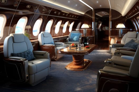 Comfortable Luxury interior business jet flight. Corporate airplane. Generate Ai