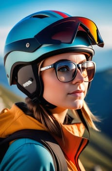 Woman wearing helmet and sunglasses glasses stands confidently before towering mountain backdrop ready for adventure, exploration. She may be gearing up for bicycle ride or some other outdoor activity