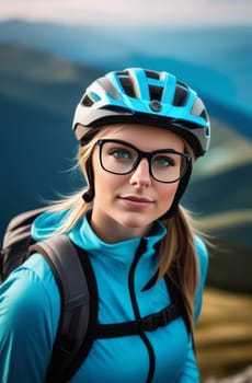 Woman wearing helmet and glasses stands confidently before towering mountain backdrop ready for adventure and exploration. She may be gearing up for bicycle ride or some other outdoor activity