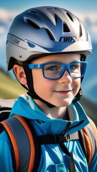 Young boy wearing helmet and glasses stands confidently before towering mountain backdrop ready for adventure and exploration. He may be gearing up for bicycle ride or some other outdoor activity