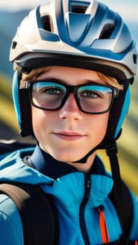 Young boy wearing helmet and glasses stands confidently before towering mountain backdrop ready for adventure and exploration. He may be gearing up for bicycle ride or some other outdoor activity