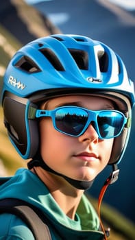 Young boy wearing helmet and sunglasses glasses stands confidently before towering mountain backdrop ready for adventure, exploration. He may be gearing up for bicycle ride, other outdoor activity