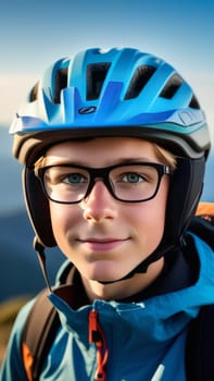 Young boy wearing helmet and glasses stands confidently before towering mountain backdrop ready for adventure and exploration. He may be gearing up for bicycle ride or some other outdoor activity