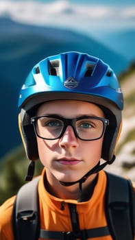 Young boy wearing helmet and glasses stands confidently before towering mountain backdrop ready for adventure and exploration. He may be gearing up for bicycle ride or some other outdoor activity