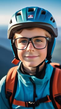 Young boy wearing helmet and glasses stands confidently before towering mountain backdrop ready for adventure and exploration. He may be gearing up for bicycle ride or some other outdoor activity