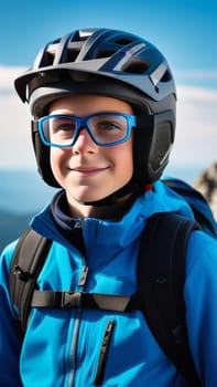 Young boy wearing helmet and glasses stands confidently before towering mountain backdrop ready for adventure and exploration. He may be gearing up for bicycle ride or some other outdoor activity