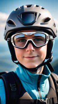 Young boy wearing helmet and sunglasses glasses stands confidently before towering mountain backdrop ready for adventure, exploration. He may be gearing up for bicycle ride, other outdoor activity