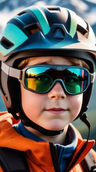 Young boy wearing helmet and sunglasses glasses stands confidently before towering mountain backdrop ready for adventure, exploration. He may be gearing up for bicycle ride, other outdoor activity