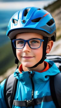 Young boy wearing helmet and glasses stands confidently before towering mountain backdrop ready for adventure and exploration. He may be gearing up for bicycle ride or some other outdoor activity