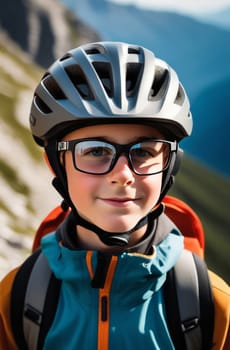 Young boy wearing helmet and glasses stands confidently before towering mountain backdrop ready for adventure and exploration. He may be gearing up for bicycle ride or some other outdoor activity