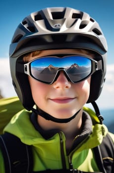 Young boy wearing helmet and sunglasses glasses stands confidently before towering mountain backdrop ready for adventure, exploration. He may be gearing up for bicycle ride, other outdoor activity