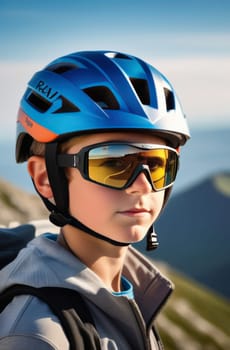 Young boy wearing helmet and sunglasses glasses stands confidently before towering mountain backdrop ready for adventure, exploration. He may be gearing up for bicycle ride, other outdoor activity