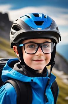 Young boy wearing helmet and glasses stands confidently before towering mountain backdrop ready for adventure and exploration. He may be gearing up for bicycle ride or some other outdoor activity
