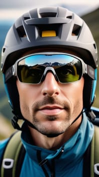 Man wearing helmet and sunglasses glasses stands confidently before towering mountain backdrop ready for adventure, exploration. He may be gearing up for bicycle ride, some other outdoor activity
