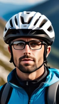 Man wearing helmet and glasses stands confidently before towering mountain backdrop ready for adventure and exploration. He may be gearing up for bicycle ride or some other outdoor activity