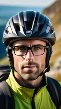Man wearing helmet and glasses stands confidently before towering mountain backdrop ready for adventure and exploration. He may be gearing up for bicycle ride or some other outdoor activity
