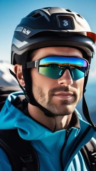 Man wearing helmet and sunglasses glasses stands confidently before towering mountain backdrop ready for adventure, exploration. He may be gearing up for bicycle ride, some other outdoor activity