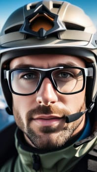 Man wearing helmet and glasses stands confidently before towering mountain backdrop ready for adventure and exploration. He may be gearing up for bicycle ride or some other outdoor activity