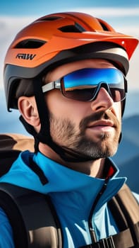 Man wearing helmet and sunglasses glasses stands confidently before towering mountain backdrop ready for adventure, exploration. He may be gearing up for bicycle ride, some other outdoor activity