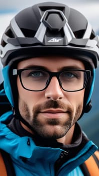 Man wearing helmet and glasses stands confidently before towering mountain backdrop ready for adventure and exploration. He may be gearing up for bicycle ride or some other outdoor activity