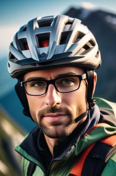 Man wearing helmet and glasses stands confidently before towering mountain backdrop ready for adventure and exploration. He may be gearing up for bicycle ride or some other outdoor activity