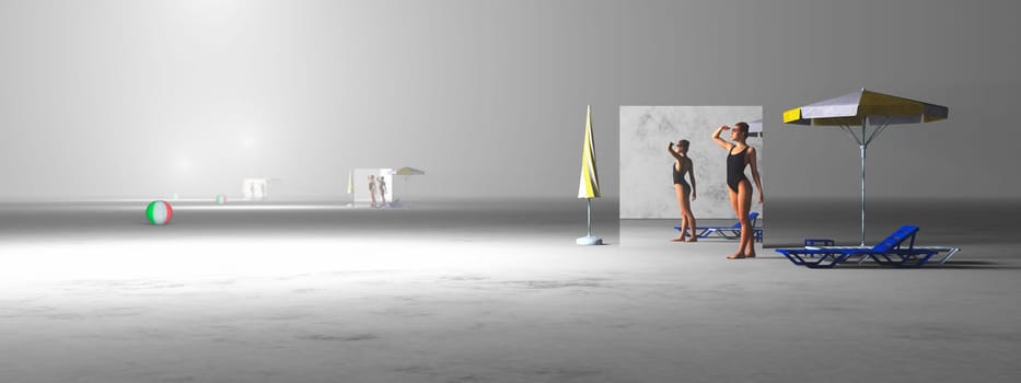 Minimalist beach setting with figures and objects placed in an expansive, empty space, creating an ethereal atmosphere.