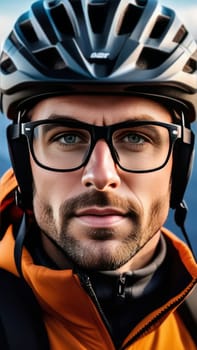 Man wearing helmet and glasses stands confidently before towering mountain backdrop ready for adventure and exploration. He may be gearing up for bicycle ride or some other outdoor activity