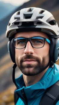 Man wearing helmet and glasses stands confidently before towering mountain backdrop ready for adventure and exploration. He may be gearing up for bicycle ride or some other outdoor activity