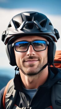 Man wearing helmet and sunglasses glasses stands confidently before towering mountain backdrop ready for adventure, exploration. He may be gearing up for bicycle ride, some other outdoor activity