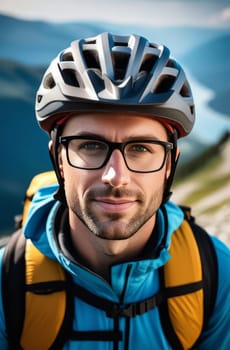 Man wearing helmet and glasses stands confidently before towering mountain backdrop ready for adventure and exploration. He may be gearing up for bicycle ride or some other outdoor activity