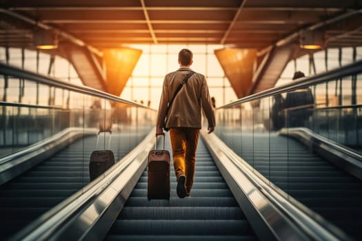 Mobile Man luggage escalator. Suitcase bag. Generate AI