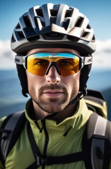 Man wearing helmet and sunglasses glasses stands confidently before towering mountain backdrop ready for adventure, exploration. He may be gearing up for bicycle ride, some other outdoor activity