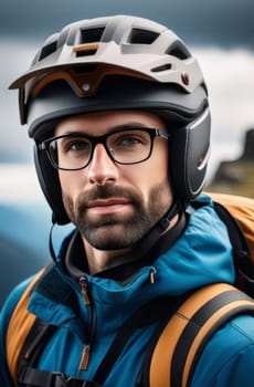 Man wearing helmet and glasses stands confidently before towering mountain backdrop ready for adventure and exploration. He may be gearing up for bicycle ride or some other outdoor activity