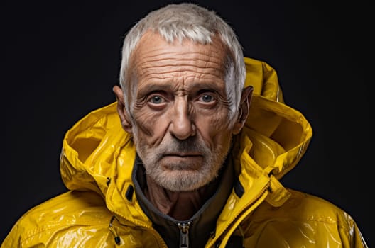 Experienced Old man yellow jacket. Old fun model. Generate Ai