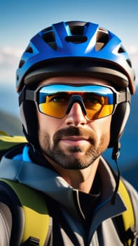 Man wearing helmet and sunglasses glasses stands confidently before towering mountain backdrop ready for adventure, exploration. He may be gearing up for bicycle ride, some other outdoor activity