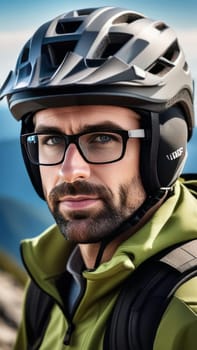 Man wearing helmet and glasses stands confidently before towering mountain backdrop ready for adventure and exploration. He may be gearing up for bicycle ride or some other outdoor activity