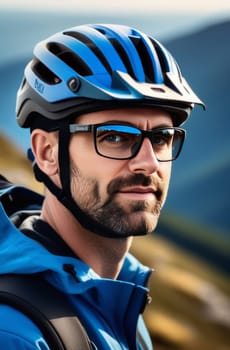 Man wearing helmet and glasses stands confidently before towering mountain backdrop ready for adventure and exploration. He may be gearing up for bicycle ride or some other outdoor activity