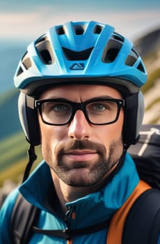 Man wearing helmet and glasses stands confidently before towering mountain backdrop ready for adventure and exploration. He may be gearing up for bicycle ride or some other outdoor activity